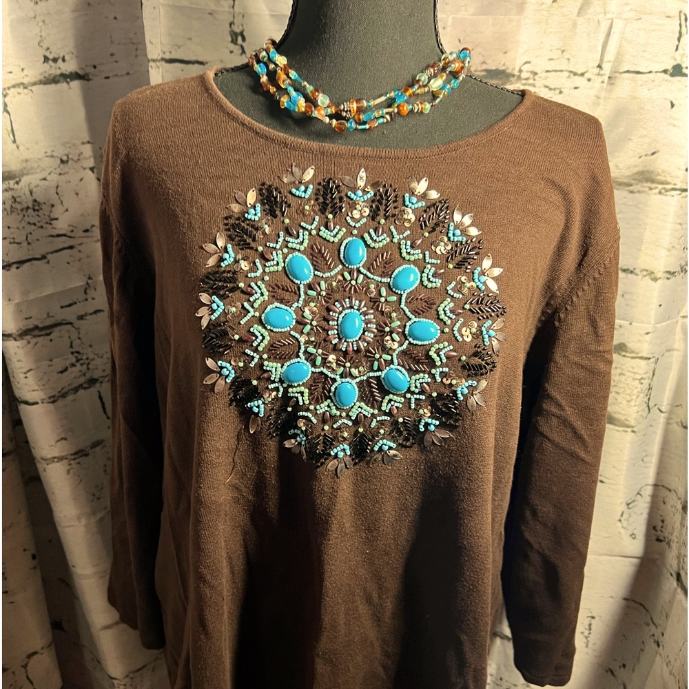 embellished‎ turquoise beads 3/4 sleeve sweater brown 1X boho  western cowgirll